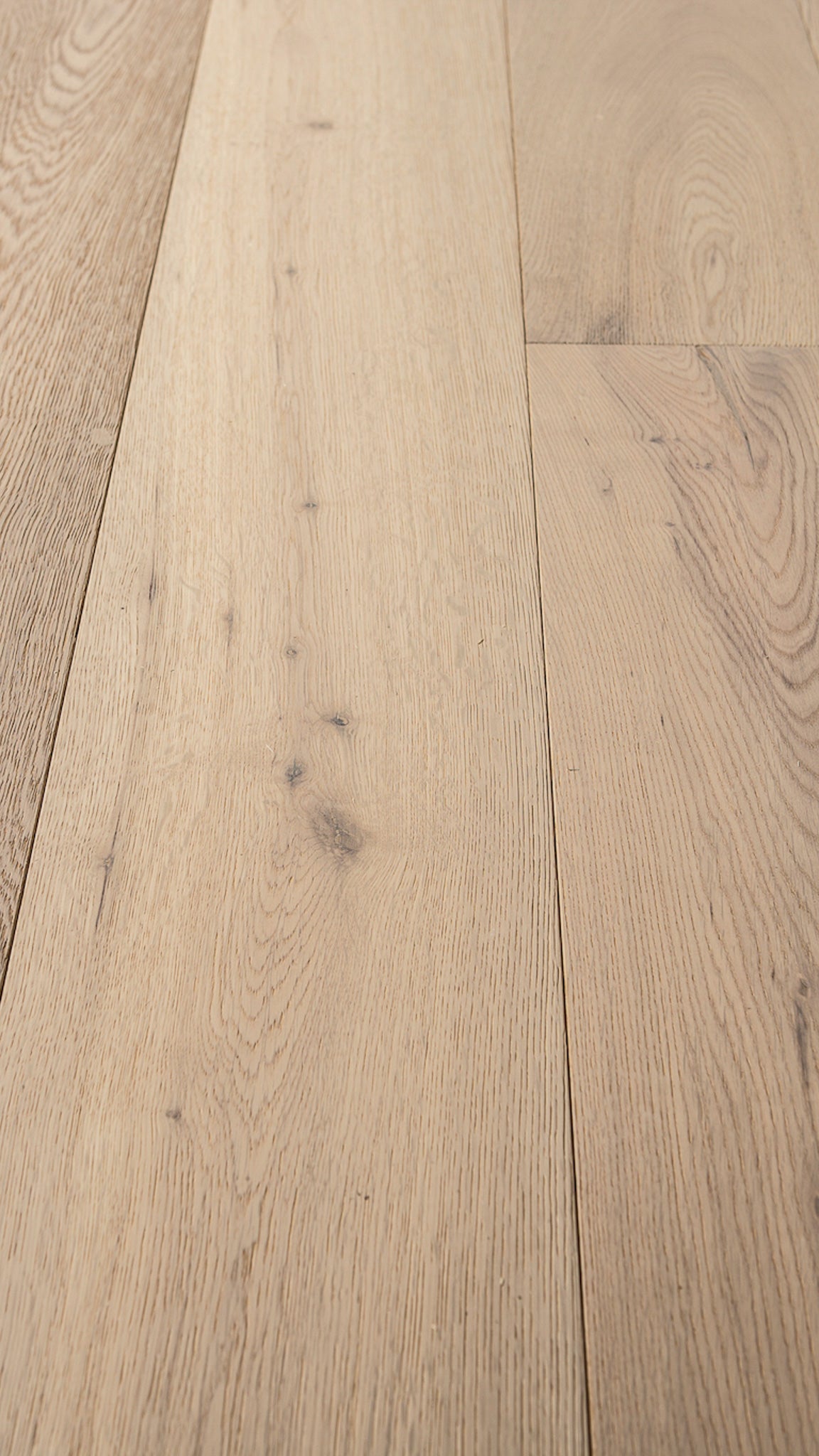 A picture of the oak  hardwood flooring called Dublin from the Wildwood Antique Collection, showing some minor knots and variation with a light, white-washed hue and beige tones.