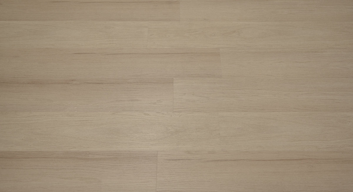 A picture showing the 6.5mm lvp flooring called Pompeii. It has a light medium beige hue and silver chain embossing, giving the floor an ultra-realistic look.